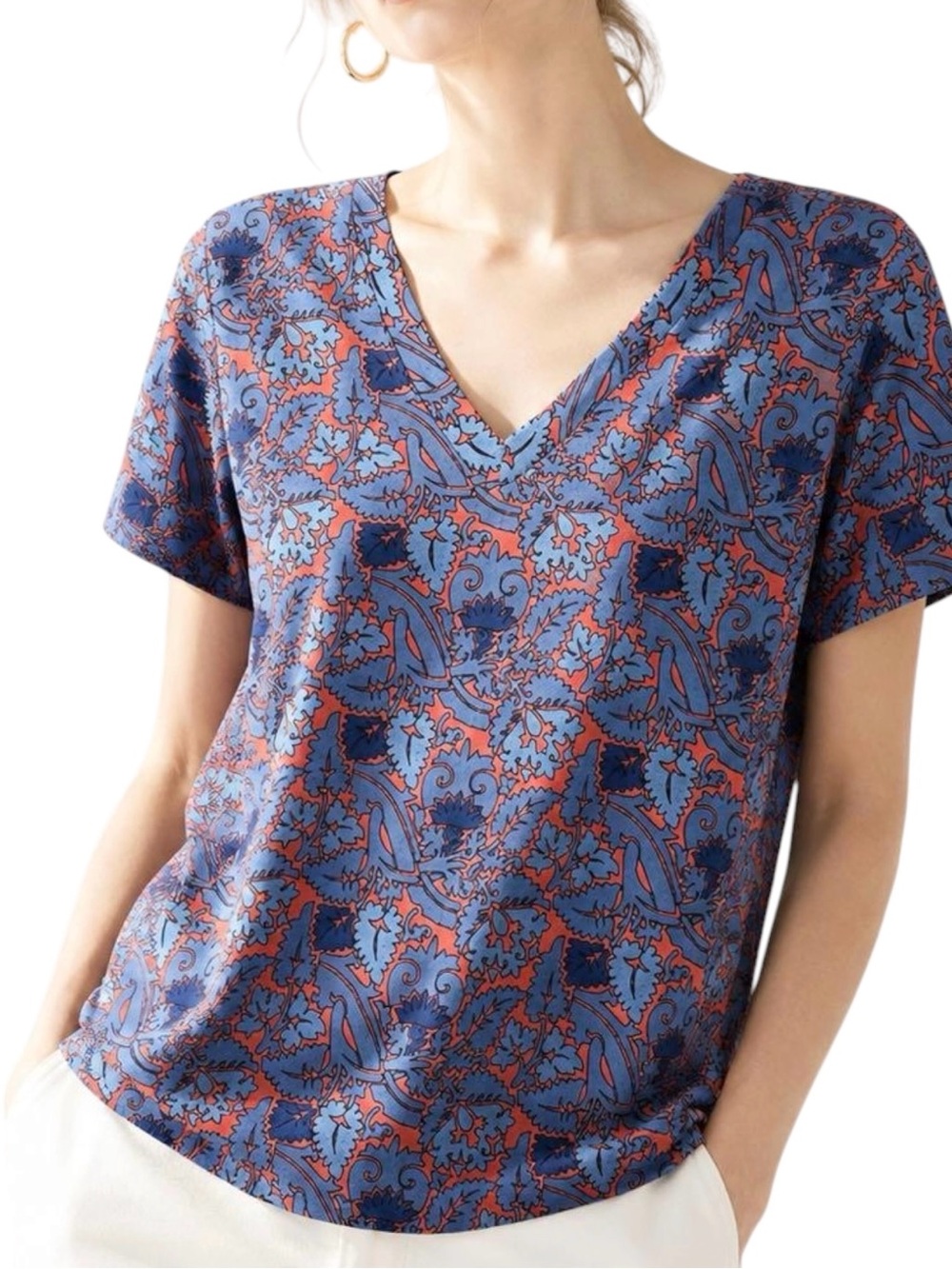 Tory Burch 100% Pima Cotton Paisley Print Short Sleeve V-Neck Tee